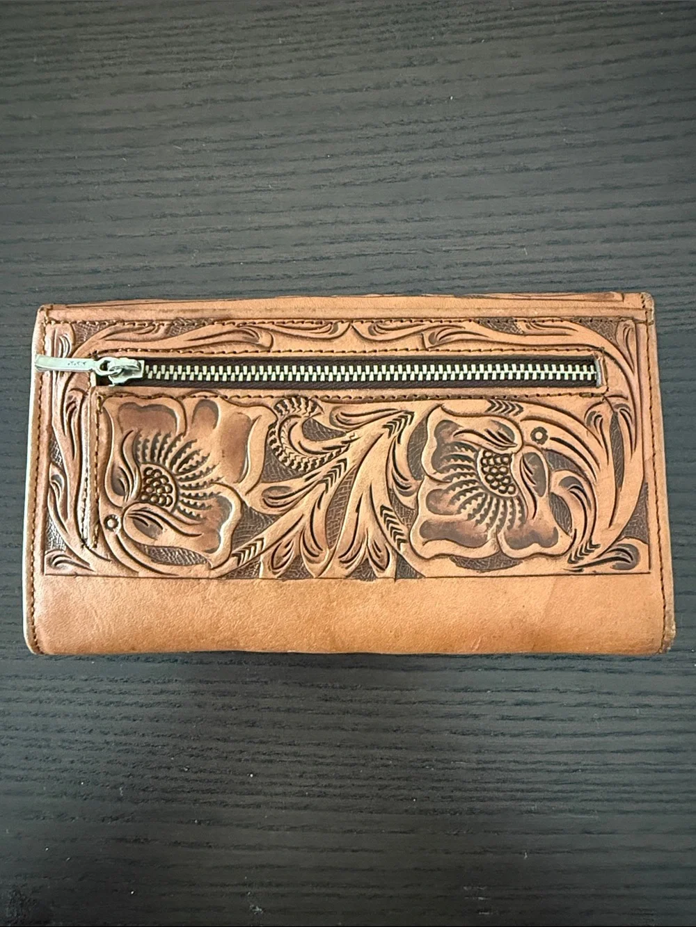 Hand-Tooled Floral Leather Wallet - Caramel Tan
